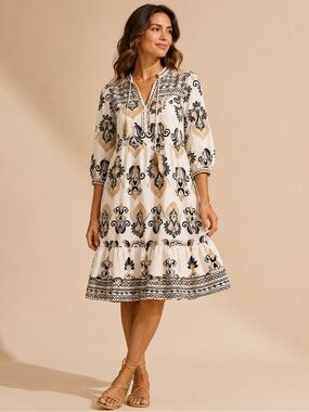 GIGIO Ivory Boho Print Tassel Maxi Dress Coastal Western Tiered Small